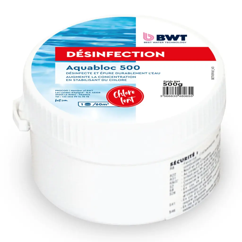 CHLORE LENT,galet de 500 Gr Aquabloc 500