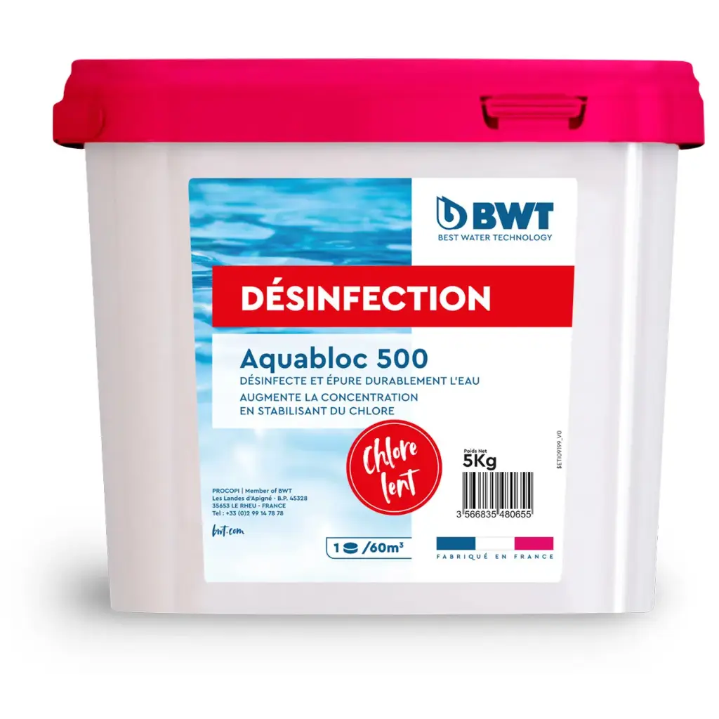 CHLORE LENT, galet de 500 Gr Aquabloc 500 nu 5 Kg BWT